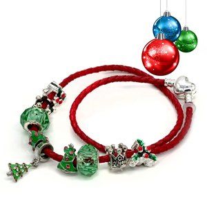 Bracelet Christmas Red Leather Tree Charm Holly Tree Green Beads Silver Clasp